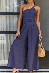 Léa – Eleganter Ein-Schulter Jumpsuit mit weitem Bein & Taillendetail – Blau