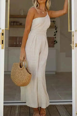 Léa – Eleganter Ein-Schulter Jumpsuit mit weitem Bein & Taillendetail – Beige