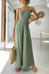 Léa – Eleganter Ein-Schulter Jumpsuit mit weitem Bein & Taillendetail – Grün