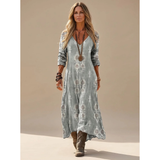 Leana | Damen Boho Maxikleid mit Langarm, V Ausschnitt und Vintage Print – Mehrfarbig