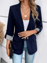 Leandra | Damen Blazer Reverskragen 3/4-Ärmel Streifenaufschlag – Marineblau
