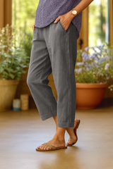 Leinen Verkürzte Damen-Hose mit geradem Bein und Umschlag – Grau