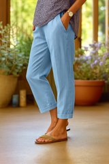 Leinen Verkürzte Damen-Hose mit geradem Bein und Umschlag – Blau