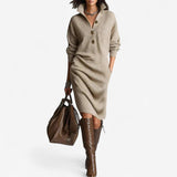 Lena | Damen Strickkleid mit Kragen Midi – Khaki