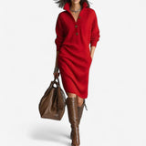 Lena | Damen Strickkleid mit Kragen Midi – Rot