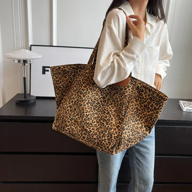 Oversized Canvas Strandtas – Damen Shopper mit Leopardenmuster