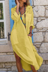 Levka | Damen Oversized Hemdblusenkleid Midi V-Ausschnitt – Gelb