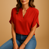 Damen-Satinbluse mit Knöpfen und langen Ärmeln – Rot
