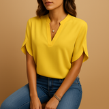 Damen-Satinbluse mit Knöpfen und langen Ärmeln – Gelb