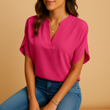 Damen-Satinbluse mit Knöpfen und langen Ärmeln – Rosa