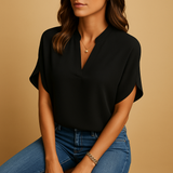 Damen-Satinbluse mit Knöpfen und langen Ärmeln – Schwarz