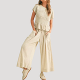Lillian | Damen Kurzarm Zweiteiler Set Weite Hose – Aprikose