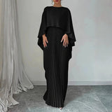 Lilou | Damen Cape Plissee Maxikleid Hochzeitsgast – Schwarz
