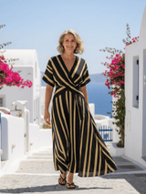 Lina | Damen Gestreiftes Wickelkleid Midi – Streifen Sommerkleid V-Ausschnitt 2026 – Gestreift