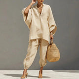 Marlene | Linen Set Damen Fledermaus Top Tapered Hose V-Ausschnitt – Aprikose