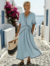 Linnea | Damen Midikleid Geraffte Taille – Figurbetonendes Sommerkleid Hochzeit 2026 – Himmelblau