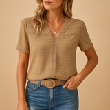 Lisette | Damen Spitzenbluse V-Ausschnitt Kurzarm – Khaki