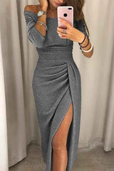 Liv – elegantes off-shoulder midi kleid mit schlitz, glitzerstoff und drapierter taille – Grau