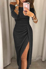 Liv – elegantes off-shoulder midi kleid mit schlitz, glitzerstoff und drapierter taille – Schwarz