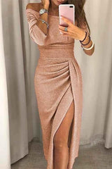 Liv – elegantes off-shoulder midi kleid mit schlitz, glitzerstoff und drapierter taille – Champange