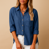 Damen-Hemdbluse mit Knöpfen und Taschen – Blau