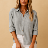 Damen-Hemdbluse mit Knöpfen und Taschen – Grau