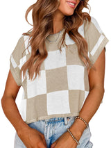 Lotta – Karierter Strick-Crop-Top mit Oversized-Kästchenmuster – Aprikose