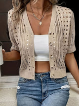 Sophie | Lässige Strickjacke Damen Kurzarm Häkel-Cardigan V-Ausschnitt – Aprikose