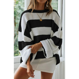 Luise | Damen Langarm Strickpullover mit Streifen und Oversized Schnitt – Schwarz