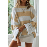 Luise | Damen Langarm Strickpullover mit Streifen und Oversized Schnitt – Khaki