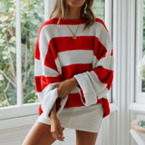 Luise | Damen Langarm Strickpullover mit Streifen und Oversized Schnitt – Rot