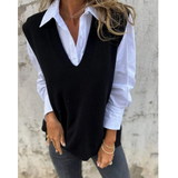 Luiza | Damen Ärmelloser Strickpullover mit V Ausschnitt – Schwarz