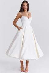 Satin-Korsett-Midi-Kleid für Damen | Hochzeitsgast – Weiß
