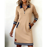 Mara | Damen Langarm Midikleid mit Kragen und Taschen – Beige