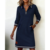 Mara | Damen Langarm Midikleid mit Kragen und Taschen – Marineblau