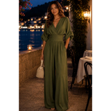 Marietta | Damen Retro Jumpsuit mit V Ausschnitt und Bund – Olivgrün