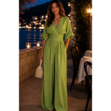 Marietta | Damen Retro Jumpsuit mit V Ausschnitt und Bund – Apfelgrün