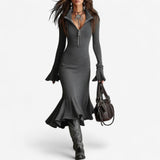 Marlena | Damen Strickkleid mit Reißverschlusskragen, Midi – Grau