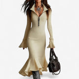 Marlena | Damen Strickkleid mit Reißverschlusskragen, Midi – Beige
