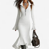 Marlena | Damen Strickkleid mit Reißverschlusskragen, Midi – Weiß