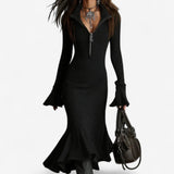 Marlena | Damen Strickkleid mit Reißverschlusskragen, Midi – Schwarz