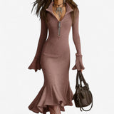 Marlena | Damen Strickkleid mit Reißverschlusskragen, Midi – Rosa