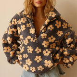 Marlene | Damen Pullover mit Blumen und Reißverschluss – Gelb