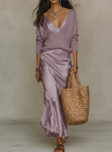 Marlene | Damen Strickpullover & Satin Midi Rock Set – Lila