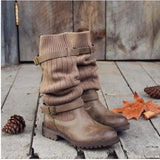 Marvina | Damen Winterstiefel Strickschaft Blockabsatz – Khaki