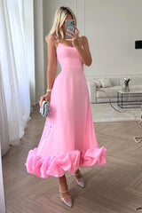 Mathilda | Damen Spaghettiträger Midikleid Rüschensaum – Rosa