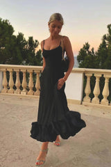 Mathilda | Damen Spaghettiträger Midikleid Rüschensaum – Schwarz