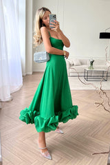 Mathilda | Damen Spaghettiträger Midikleid Rüschensaum – Grün