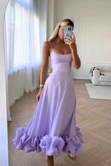 Mathilda | Damen Spaghettiträger Midikleid Rüschensaum – Lila