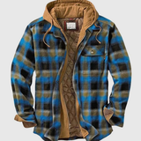 Mats | Herren Winterjacke aus Flanell mit Patchwork, Reißverschluss und Karomuster – Blau